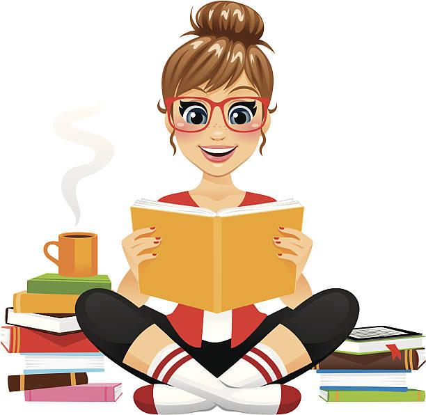 Dessin d'une femme souriante, assise en tailleur, un chignon, des lunettes, un grand sourire. Elle lit et est entourée de piles de livres. Elle est en chaussettes et a une boisson chaude à portée de main. Et si on lisait des livres de développement personnel ?