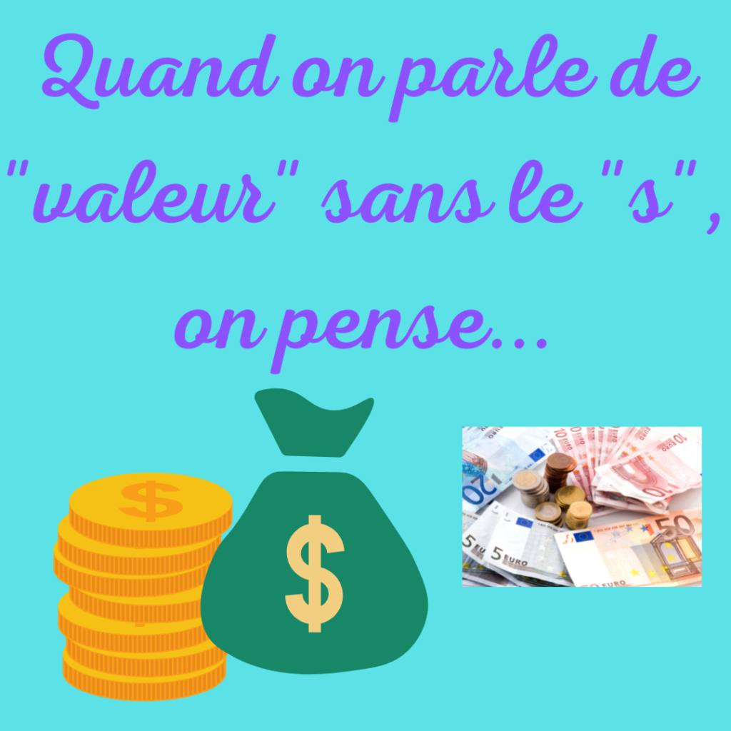 Quand on parle de "valeur" sans le "s", on pense... à l'argent le plus souvent.
Par la Motivologue